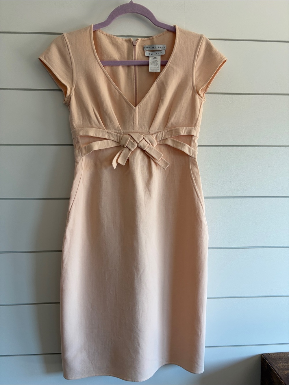Celine Peach Bow-Front V-Neck Cap-Sleeve Dress Size EUR 36